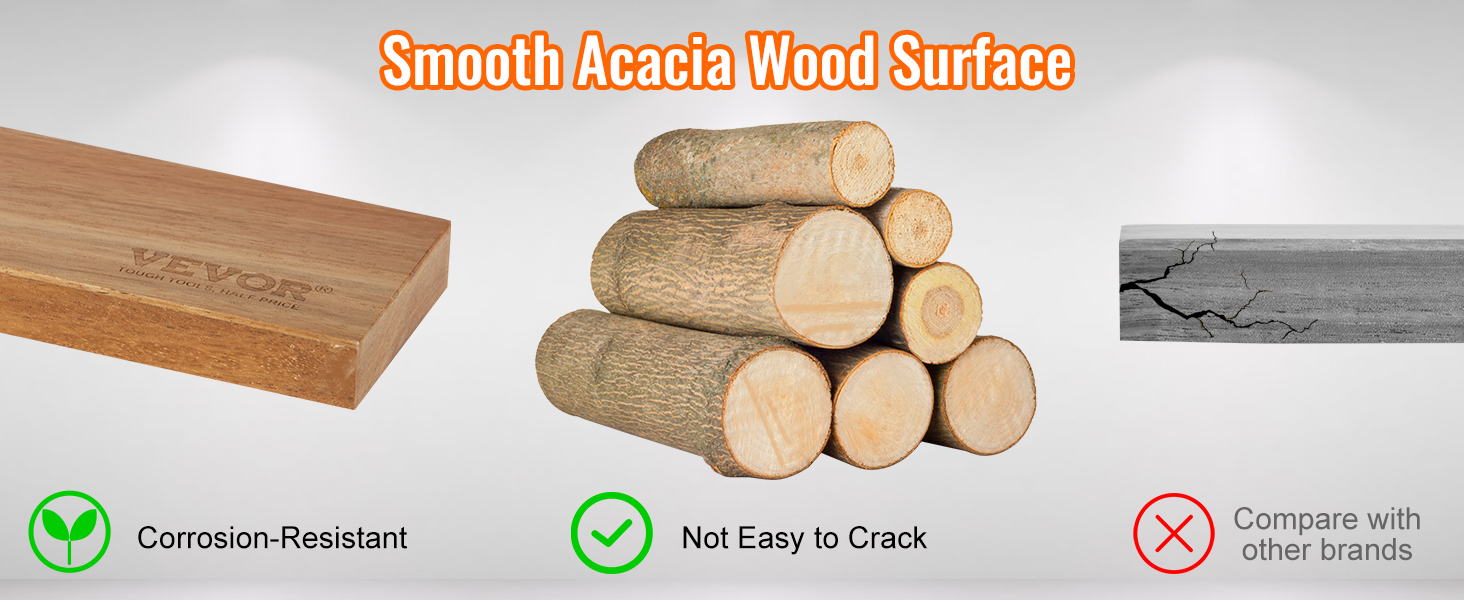 smooth acacia wood surface of VEVOR magnetic knife holder, corrosion-resistant, not easy to crack.