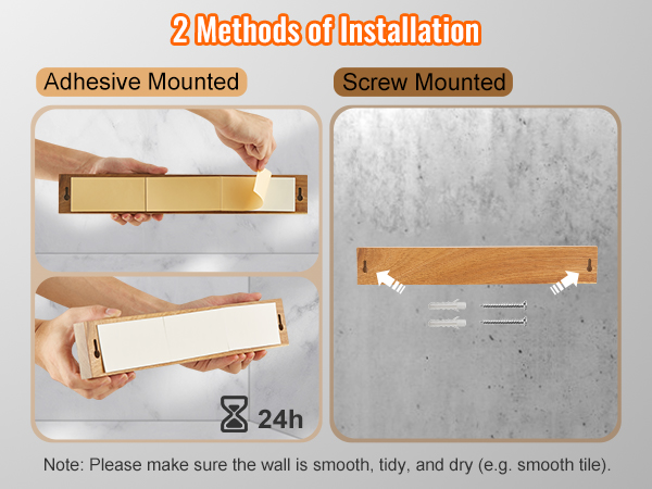 two installation methods for VEVOR magnetic knife holder: adhesive or screw-mounted, on smooth, dry walls.