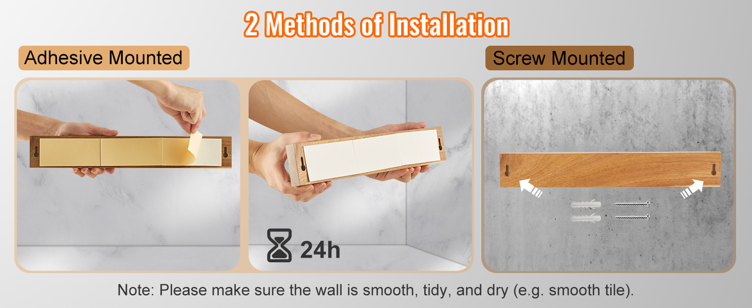 two installation methods for VEVOR magnetic knife holder: adhesive or screw-mounted, on smooth, dry walls.