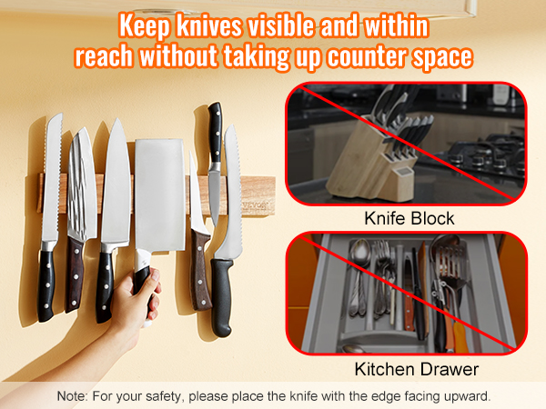 VEVOR magnetic knife holder displaying various knives on the wall, freeing up counter space.