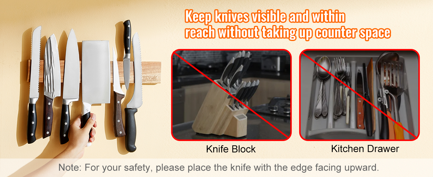 VEVOR magnetic knife holder displaying various knives on the wall, freeing up counter space.