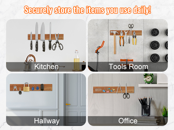 VEVOR magnetic knife holder organizing kitchen knives, tools, keys in the hallway, and office supplies.