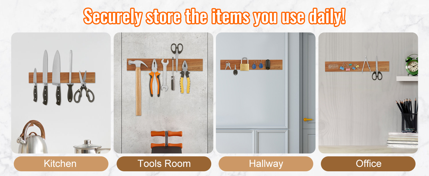 VEVOR magnetic knife holder organizing kitchen knives, tools, keys in the hallway, and office supplies.