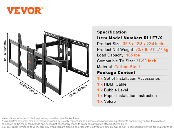 VEVOR tv wall mount, model rllf7-x, carbon steel adjustable with hdmi cable and installation set.