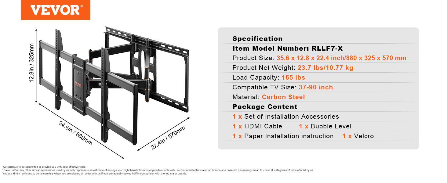 VEVOR tv wall mount, model rllf7-x, carbon steel adjustable with hdmi cable and installation set.