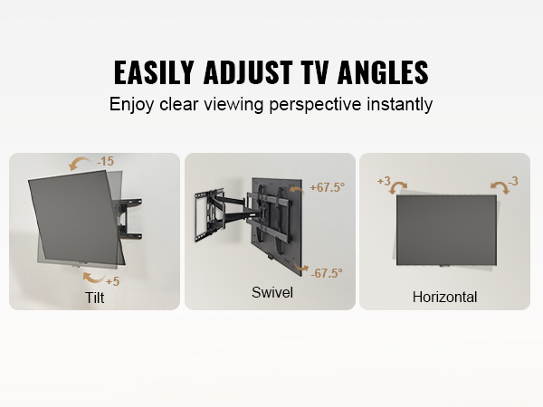 VEVOR tv wall mount allows tilt, swivel, and horizontal adjustment for optimal viewing angles.