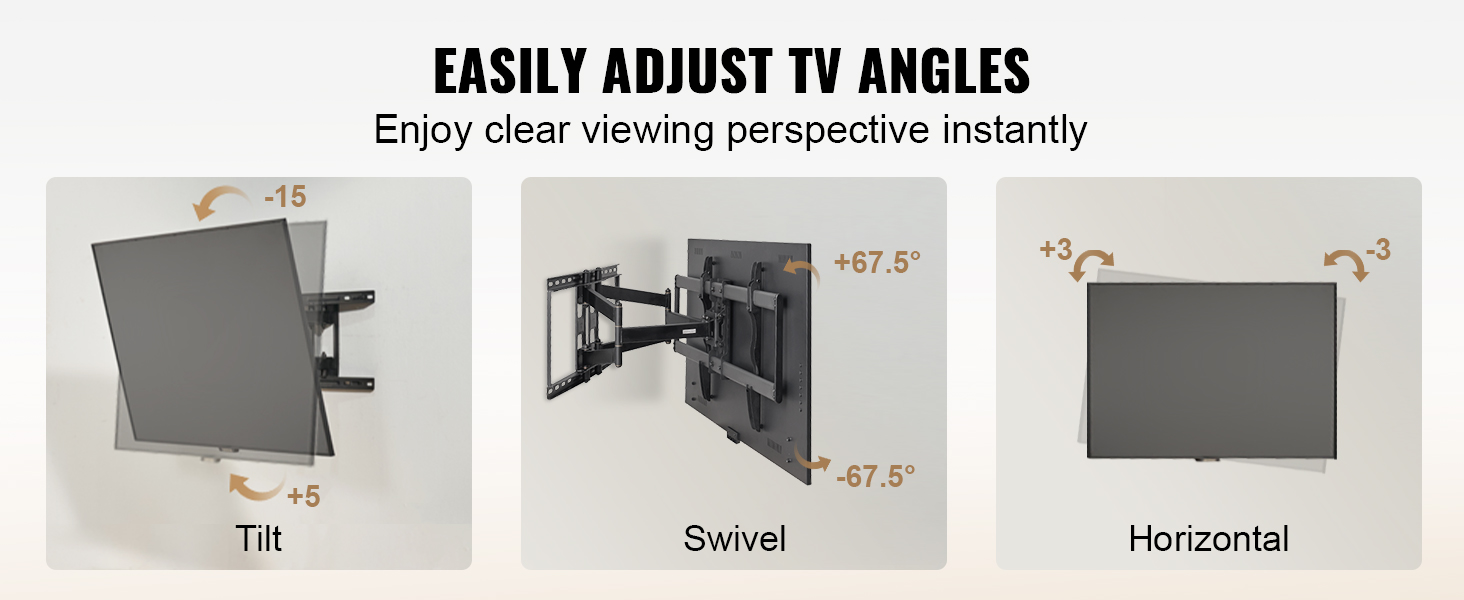VEVOR tv wall mount allows tilt, swivel, and horizontal adjustment for optimal viewing angles.