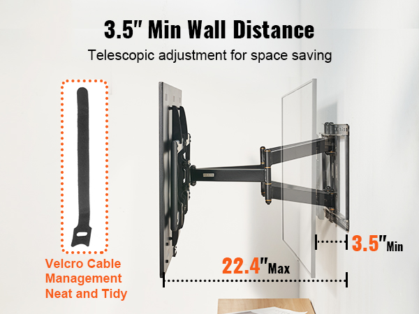 VEVOR tv wall mount with 3.5" min wall distance, telescopic adjustment, and velcro cable management.