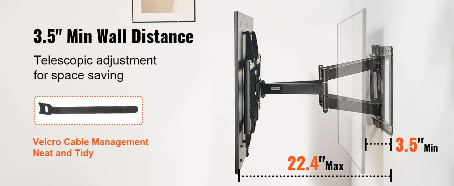 VEVOR tv wall mount with 3.5" min wall distance, telescopic adjustment, and velcro cable management.