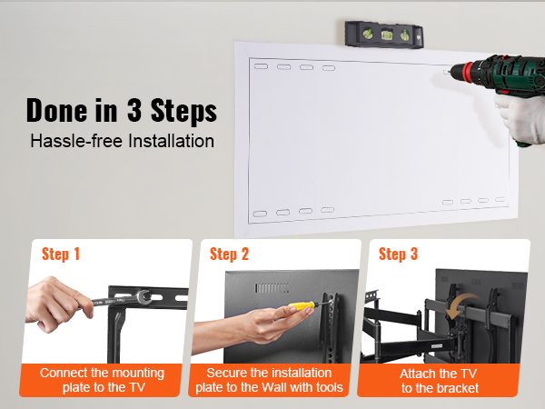 done in 3 steps: hassle-free installation of VEVOR tv wall mount with drill, level, and mounting plate.
