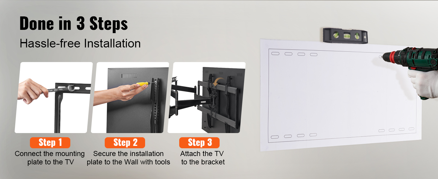 done in 3 steps: hassle-free installation of VEVOR tv wall mount with drill, level, and mounting plate.