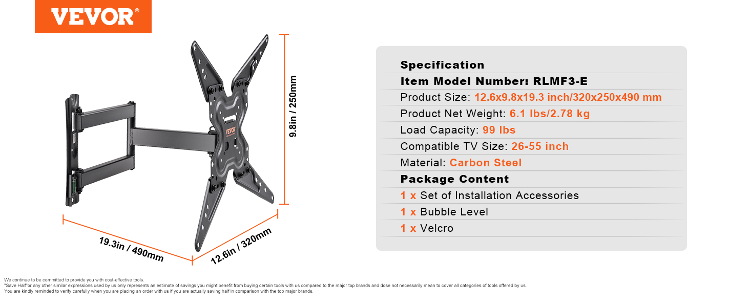 VEVOR tv mount rlmf3-e model, 19.3x12.6 in, carbon steel, 99 lbs load, fits 26-55 in tvs.
