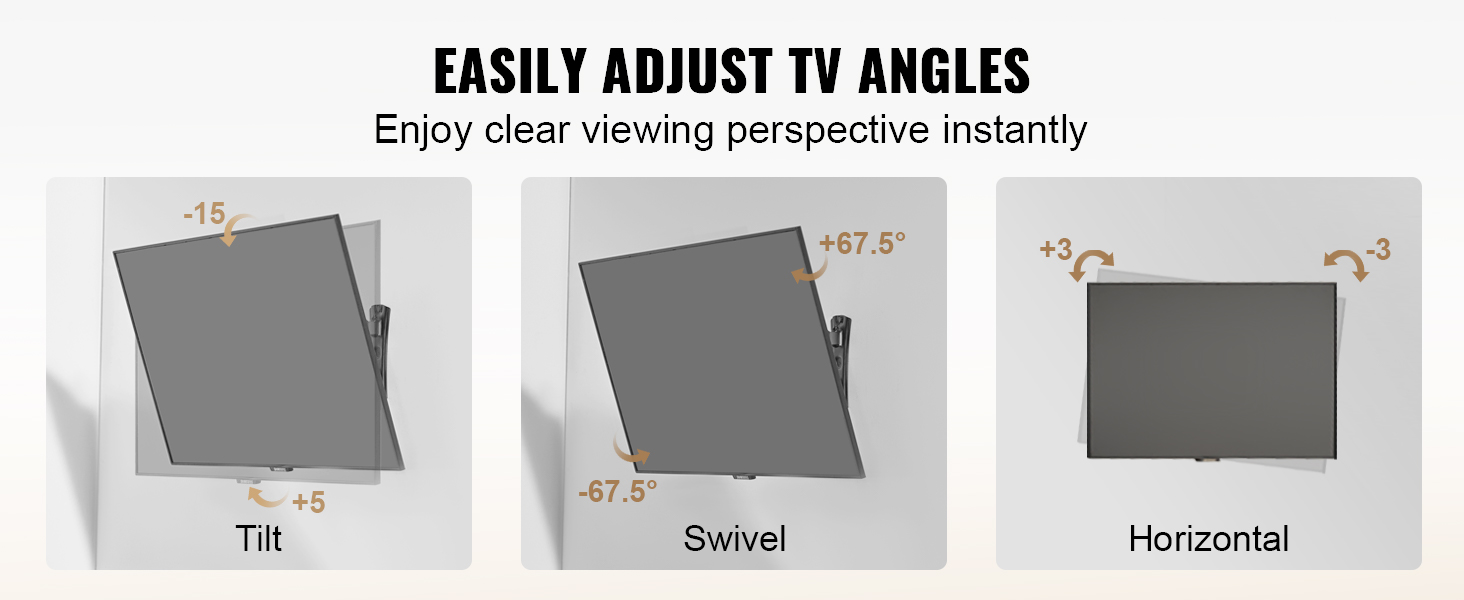 easily adjust tv angles with the VEVOR tv mount for tilt, swivel, and horizontal viewing.