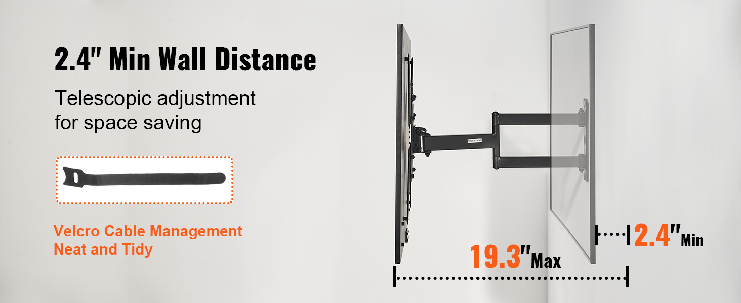VEVOR tv mount with 2.4" minimum wall distance, telescopic adjustment, and velcro cable management.