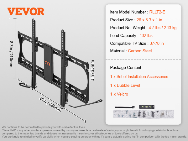 VEVOR tv wall mount, carbon steel, 37-70 in tvs, 132 lb capacity, includes installation accessories and bubble level.