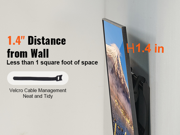 VEVOR tv wall mount with 1.4" distance from wall and velcro cable management for neat installation.