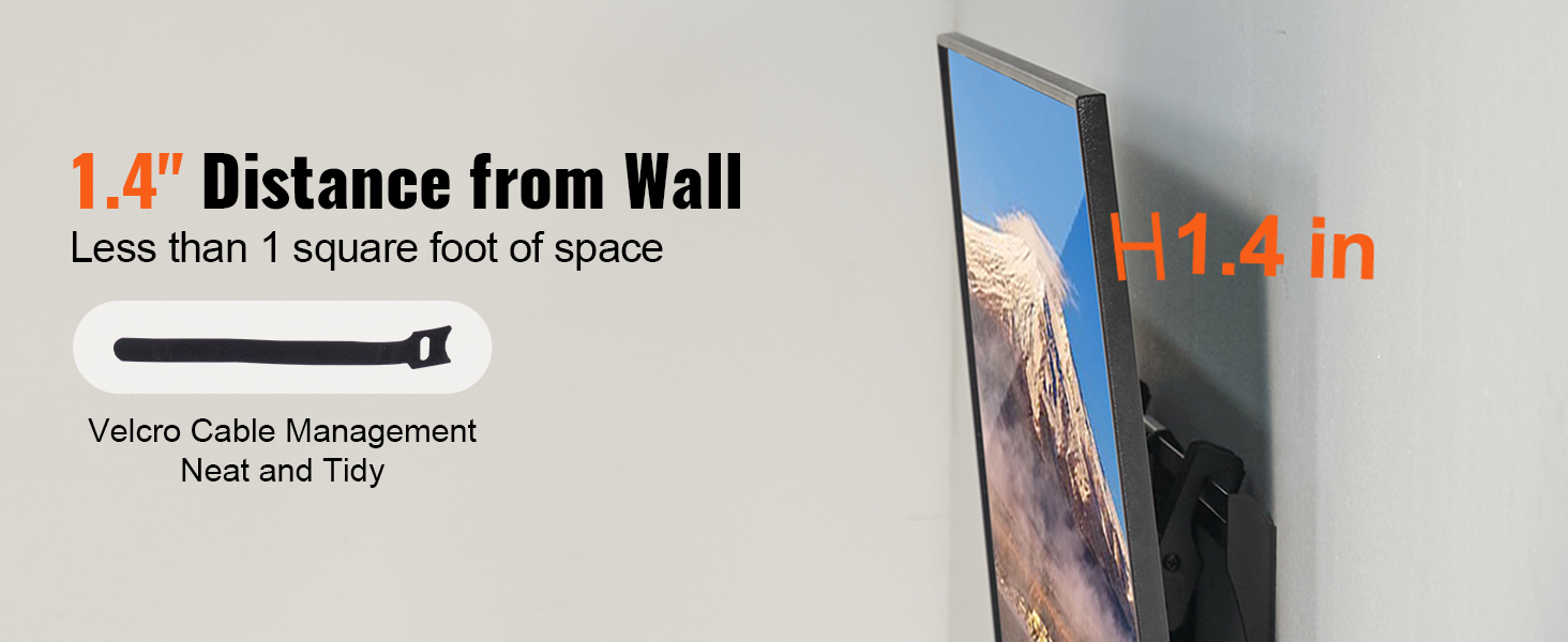VEVOR tv wall mount with 1.4" distance from wall and velcro cable management for neat installation.