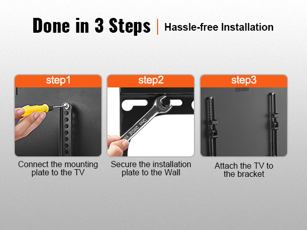 done in 3 steps, hassle-free installation guide for VEVOR tv wall mount: connect, secure, attach.