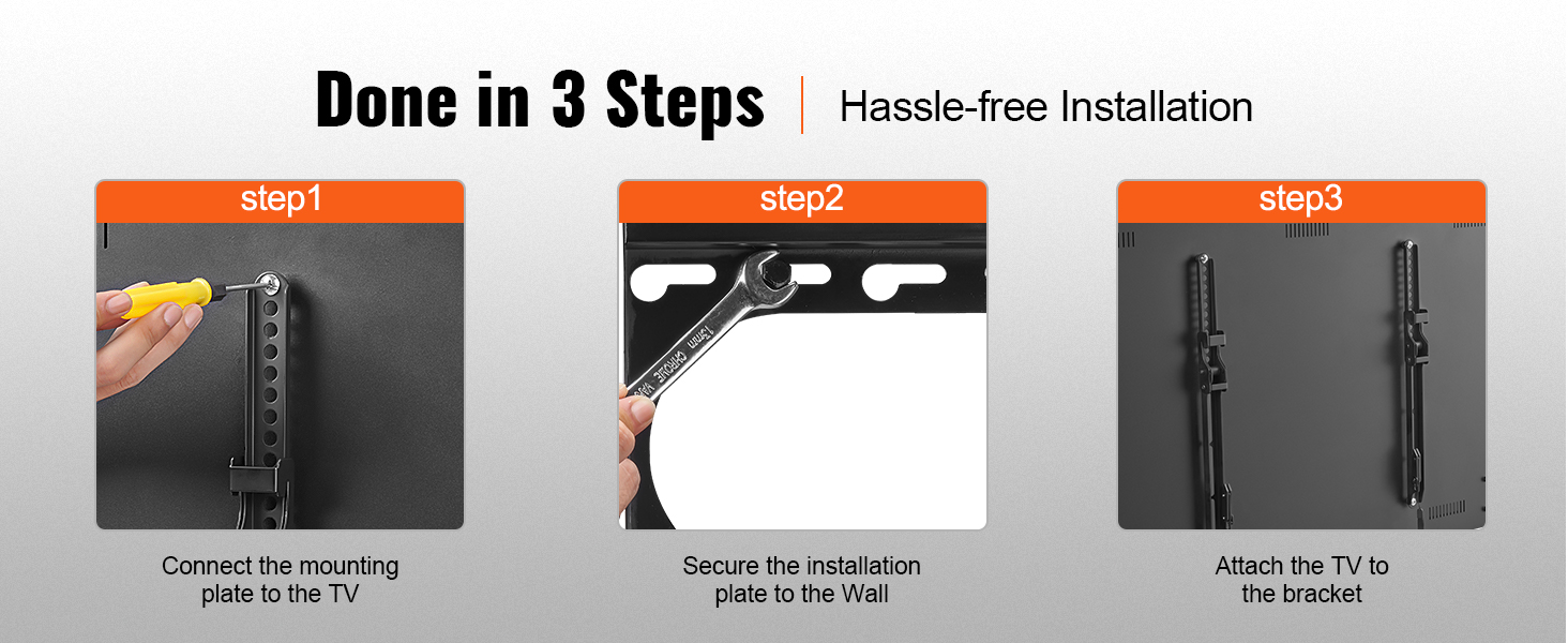 done in 3 steps, hassle-free installation guide for VEVOR tv wall mount: connect, secure, attach.