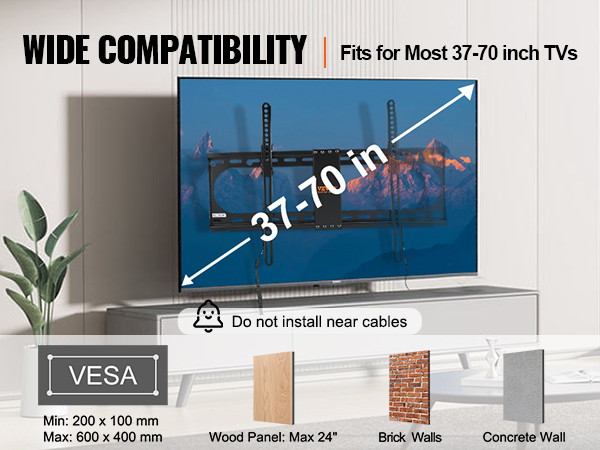 VEVOR tv wall mount fits 37-70 inch tvs, compatible with wood, brick, and concrete walls.