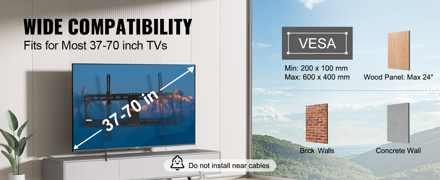 VEVOR tv wall mount fits 37-70 inch tvs, compatible with wood, brick, and concrete walls.