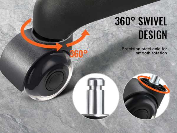 VEVOR office chair wheels showcasing 360-degree swivel design with precision steel axle for smooth rotation.