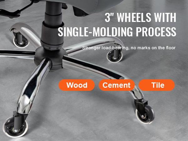 office chair base with VEVOR office chair wheels, 3" single-molding process, suitable for wood, cement, tile floors.
