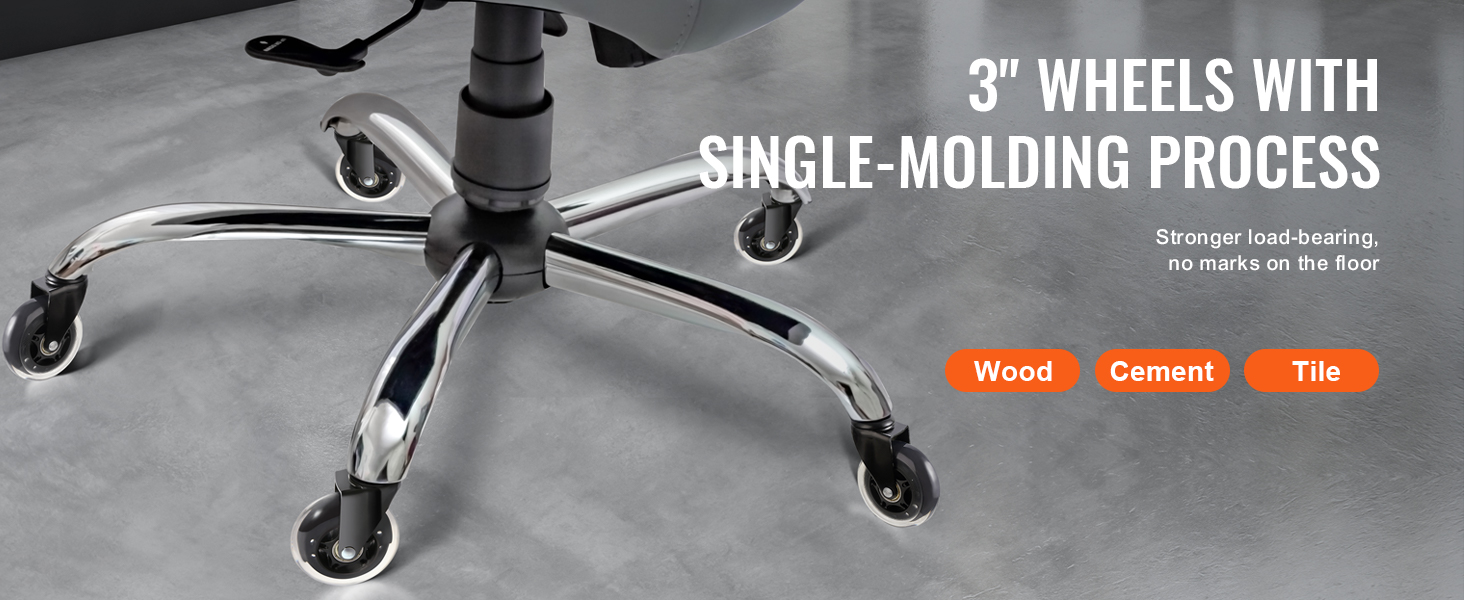 office chair base with VEVOR office chair wheels, 3" single-molding process, suitable for wood, cement, tile floors.