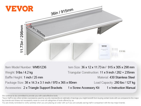 VEVOR stainless steel shelf, 36 x 12 x 11.73 in, 430 stainless steel, 250 lb load, with brackets and screws.