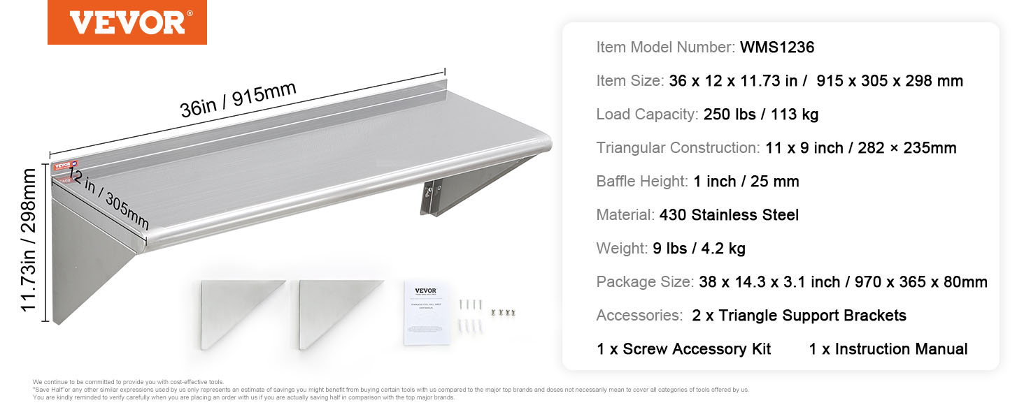 VEVOR stainless steel shelf, 36 x 12 x 11.73 in, 430 stainless steel, 250 lb load, with brackets and screws.