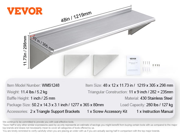 VEVOR stainless steel shelf, 48in x 12in, 280 lbs capacity, 11.4 lbs, includes triangle brackets and screws.