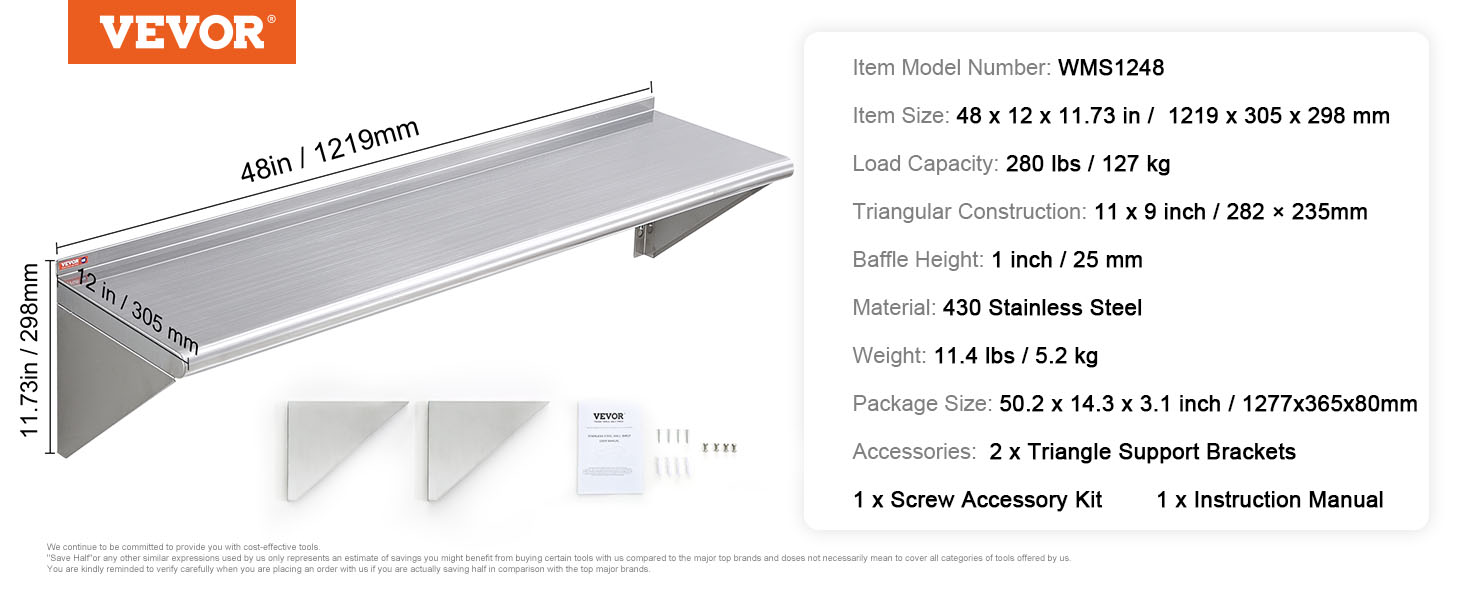 VEVOR stainless steel shelf, 48in x 12in, 280 lbs capacity, 11.4 lbs, includes triangle brackets and screws.