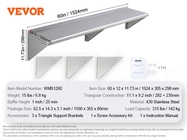 VEVOR stainless steel shelf, 60x12x11.73in with 315 lbs load capacity, includes brackets and screws.