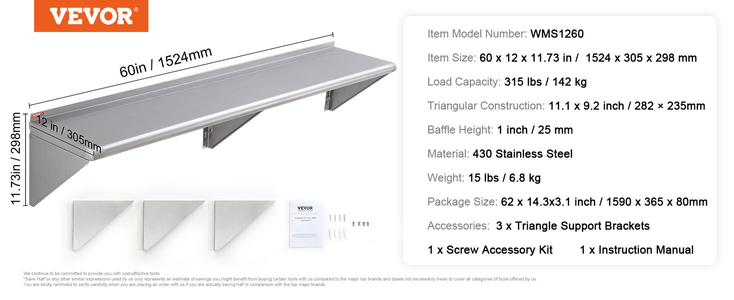 VEVOR stainless steel shelf, 60x12x11.73in with 315 lbs load capacity, includes brackets and screws.