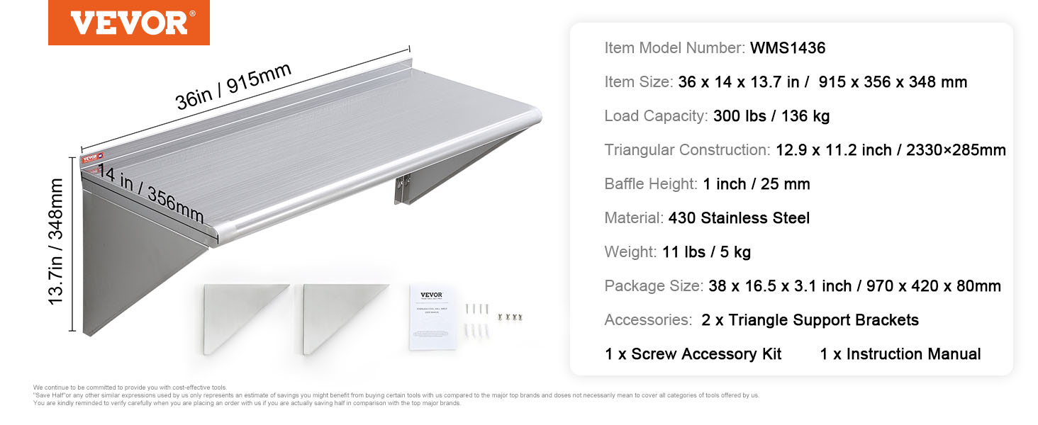 VEVOR stainless steel shelf, 36x14x13.7 in, load capacity 300 lbs, material 430 stainless steel.
