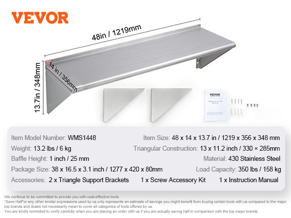 VEVOR stainless steel shelf, 48x14x13.7in, load capacity 350lbs, 430 stainless steel, with accessories.