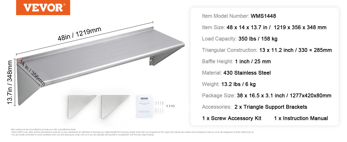 VEVOR stainless steel shelf, 48x14x13.7in, load capacity 350lbs, 430 stainless steel, with accessories.