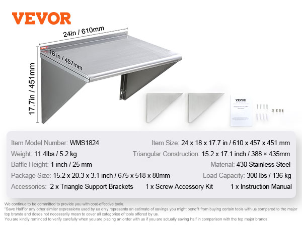 VEVOR stainless steel shelf, 24x18x17.7in, 300lbs capacity, includes brackets, screw kit, and manual.