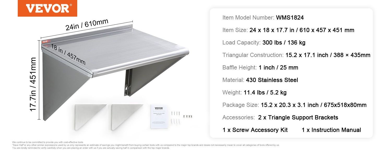 VEVOR stainless steel shelf, 24x18x17.7in, 300lbs capacity, includes brackets, screw kit, and manual.