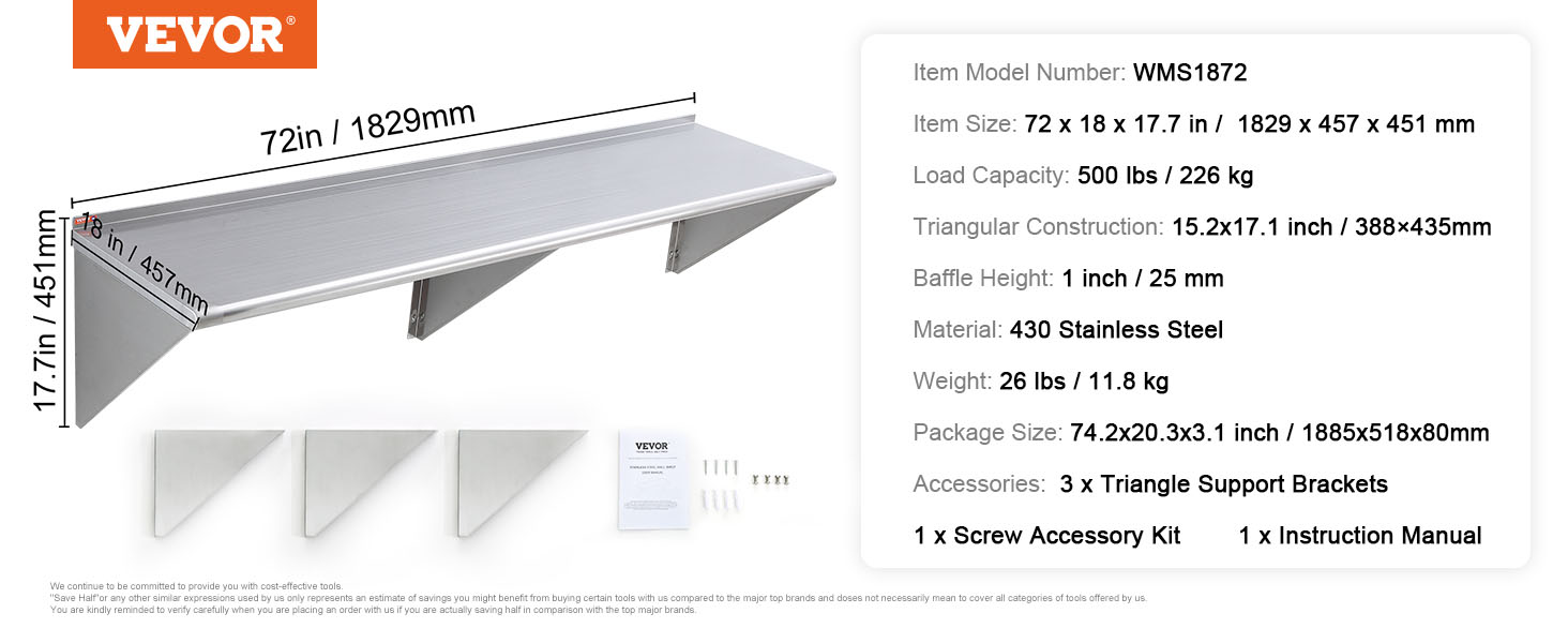 VEVOR stainless steel shelf, 72x18x17.7 inches with 500 lbs capacity and three support brackets.