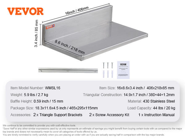 VEVOR stainless steel shelf with dimensions 16x8.6x3.4 inches. includes screws, brackets, and manual.