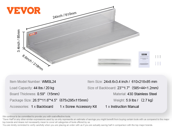 VEVOR stainless steel shelf, 24x8.6x3.4 inches, 44 lbs load capacity, includes backboard and accessories.