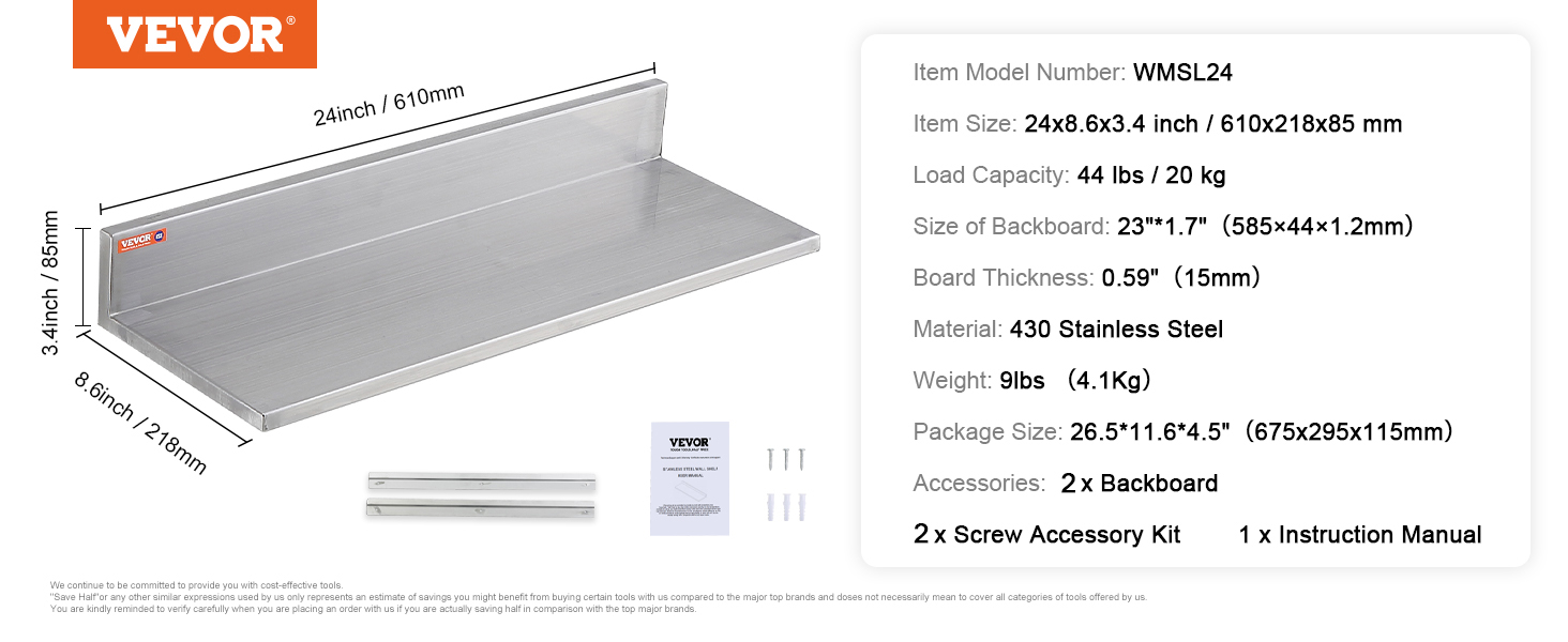 VEVOR stainless steel shelf, 24x8.6x3.4 inches, 44 lbs load capacity, includes backboard and accessories.