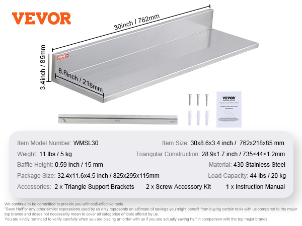 VEVOR stainless steel shelf with dimensions, load capacity info, and included accessories displayed.