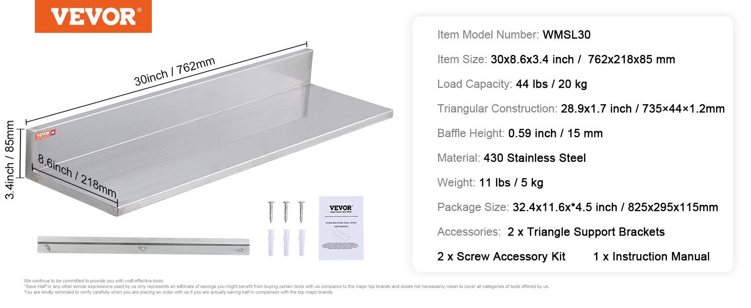 VEVOR stainless steel shelf with dimensions, load capacity info, and included accessories displayed.