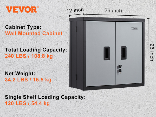 VEVOR foldable wall cabinet with 240 lbs total load capacity and 26x12x26 in dimensions.