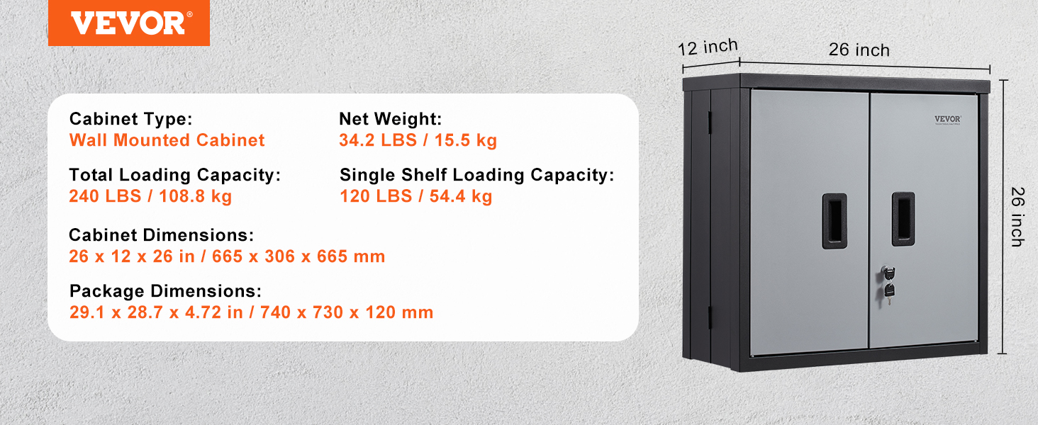 VEVOR foldable wall cabinet with 240 lbs total load capacity and 26x12x26 in dimensions.
