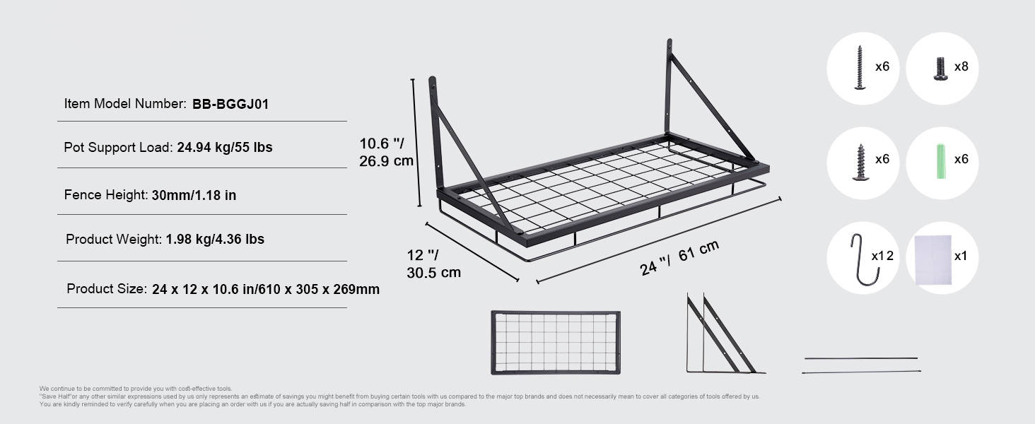VEVOR pot rack: 24x12x10.6 inch with 55 lb load, 30mm fence, 6 screws, 12 hooks, 1.98 kg weight.