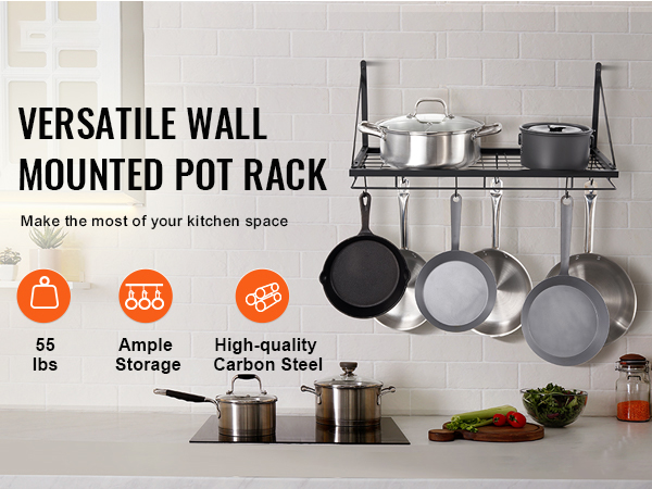 wall-mounted VEVOR pot rack with pots, pans, and utensils on a kitchen wall, showcasing storage options.
