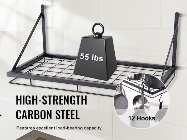 VEVOR pot rack in high-strength carbon steel holding a 55 lbs weight, with 12 hanging hooks.